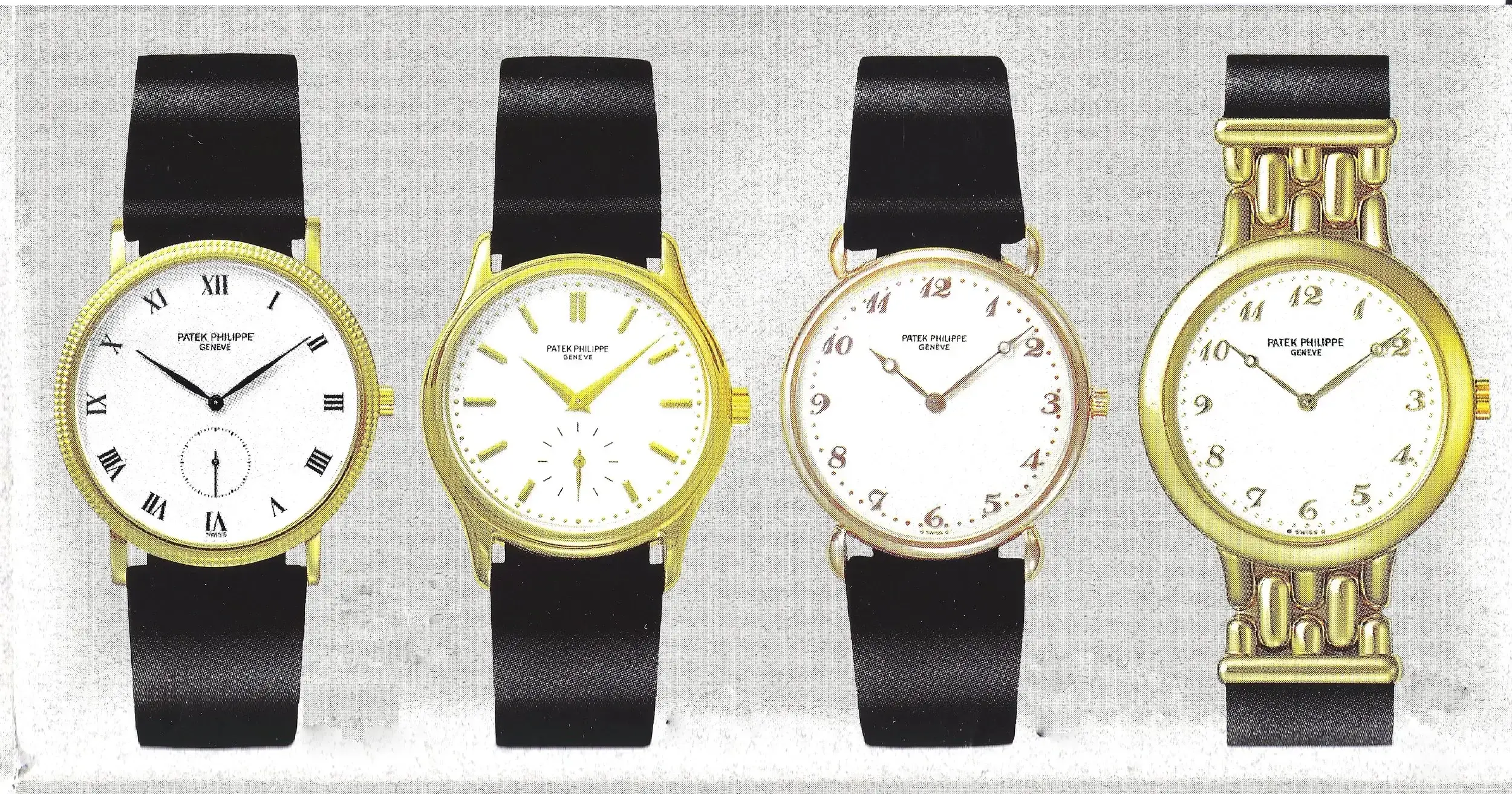 four exquisite vintage patek philippe watches are displayed side by side