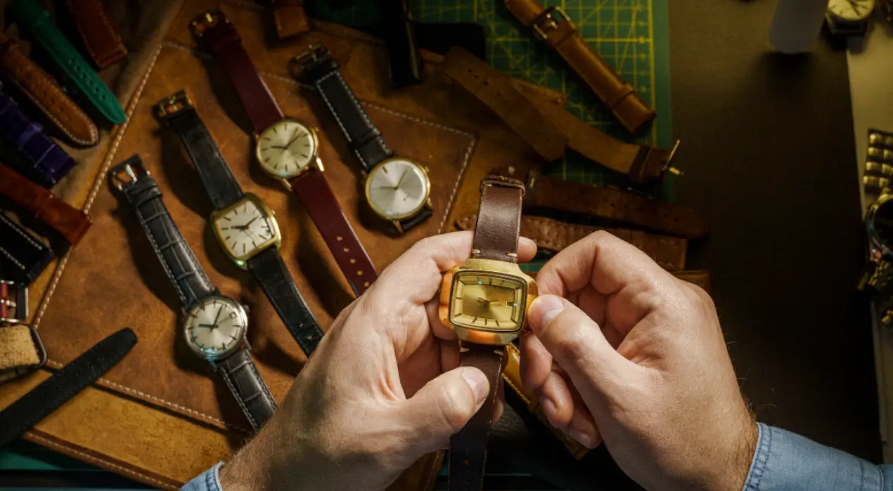Hands holding a vintage - style watch, surrounded by other classic timepieces and various watch straps on a workbench.