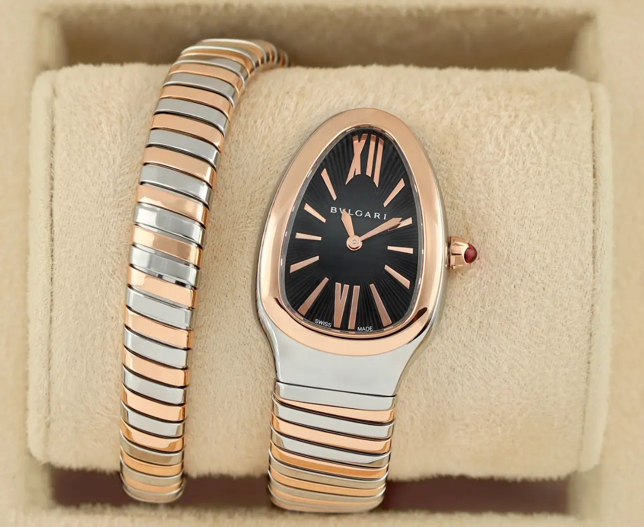 Bvlgari Serpenti 102123 Watch Shop the Bvlgari Serpenti Tubogas Watch 102123, featuring a flexible coil bracelet in rose gold and steel.