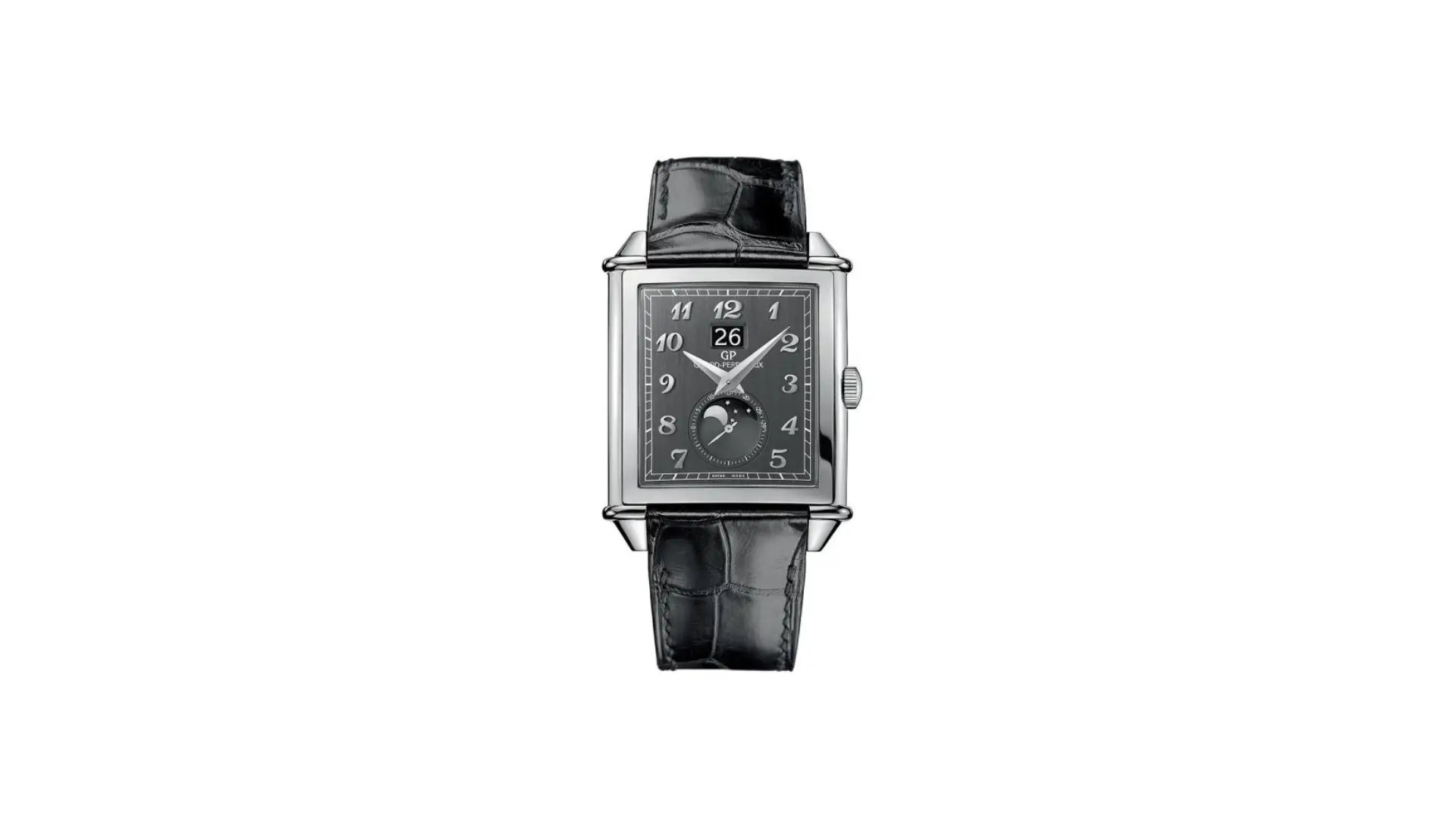 Girard Perregaux Vintage 1945 25800.53.651.BCGD Men’s Watch Front view of the Girard Perregaux Vintage 1945 25800.53.651.BCGD men’s watch with rectangular case, silver dial, and small seconds subdial